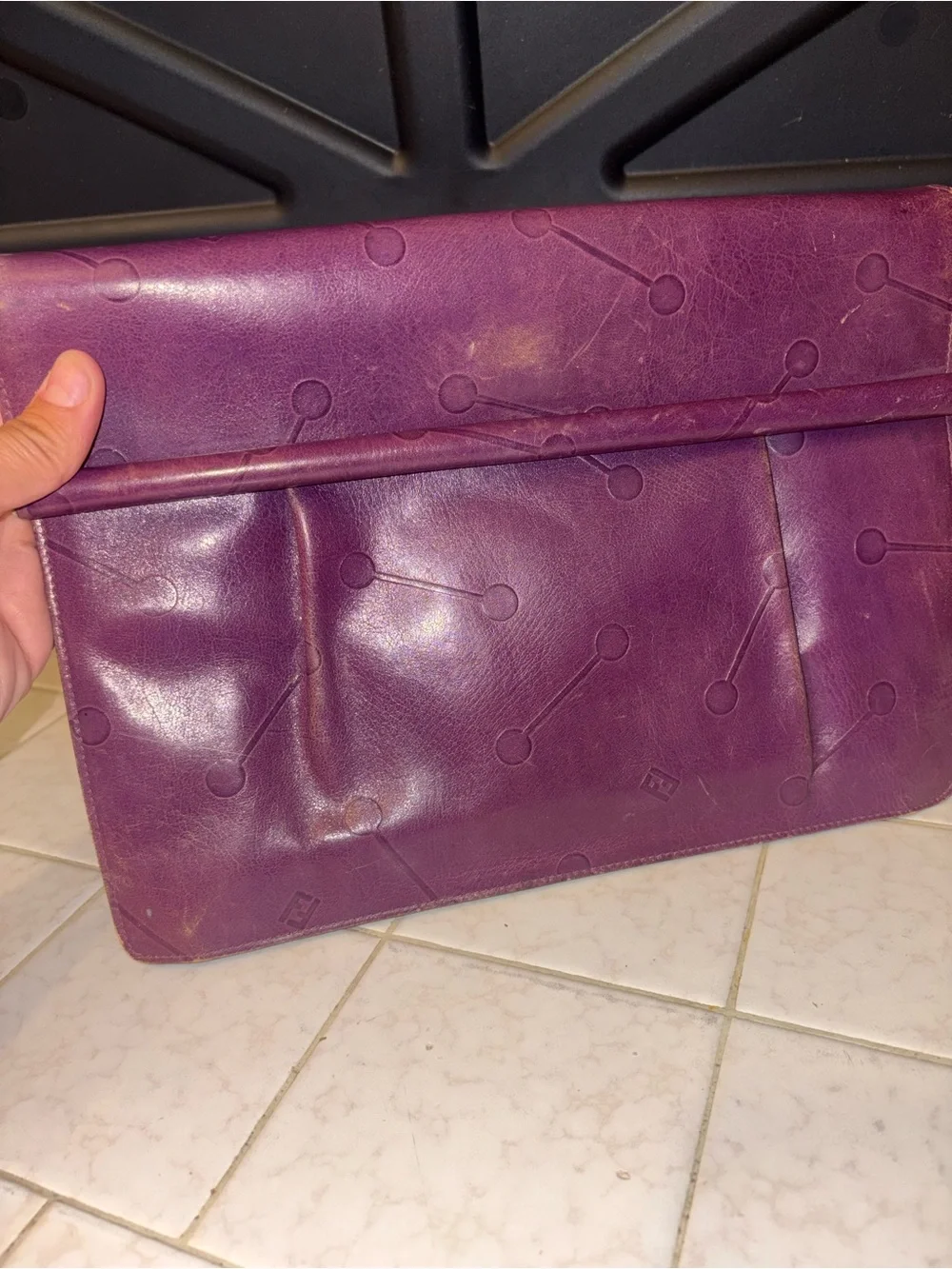 Fendi Purple Fold-Over Leather Clutch with Embossed Dot Motif preloved